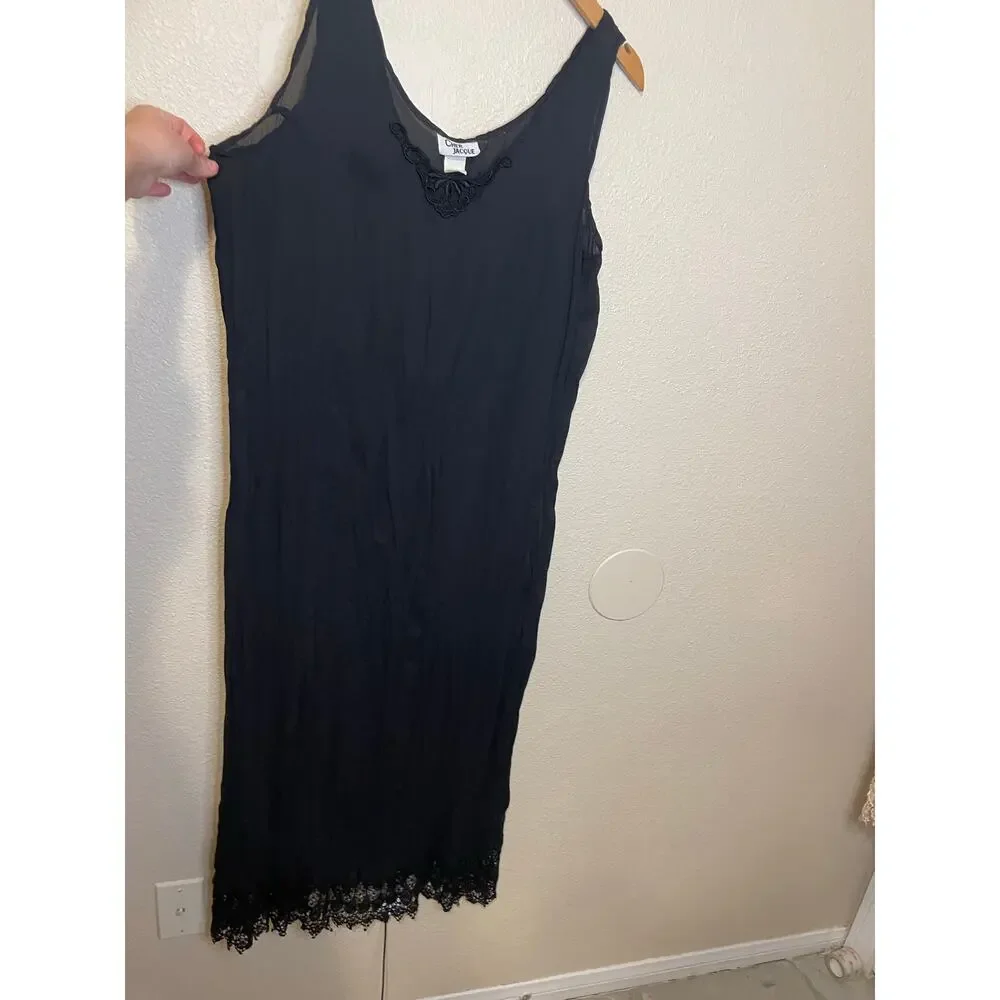 VTG Cher Jacque Y2K Black Crinkle Lace Detailed Whimsy Goth Midi Slip Dress Lg - Picture 10 of 16